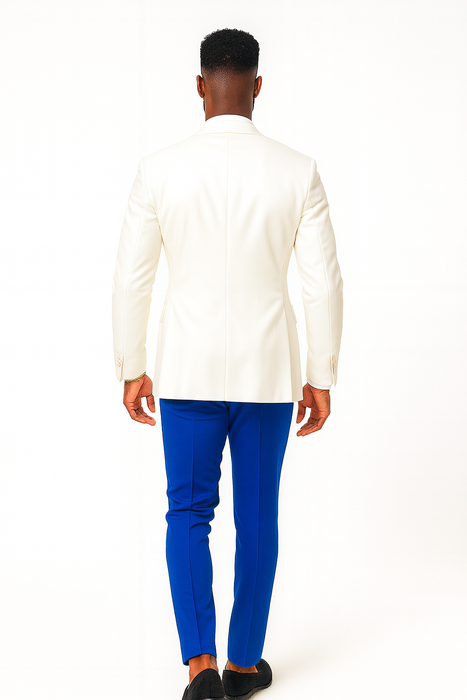 White and Royal Blue Tuxedo Wedding Suit - White Dinner Jacket + Vest + Pants + Bow-tie