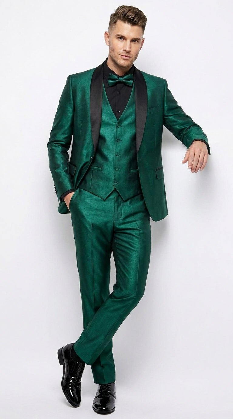 Outlet Emerald Green 3 Piece Tuxedo With Black Satin Shawl Lapel and Matching Vest 34 Short or Extra Small