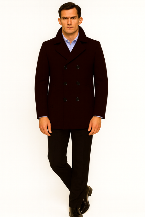 Men's Dark Brown  Wool Fabric Big and Tall Men's Peacoat