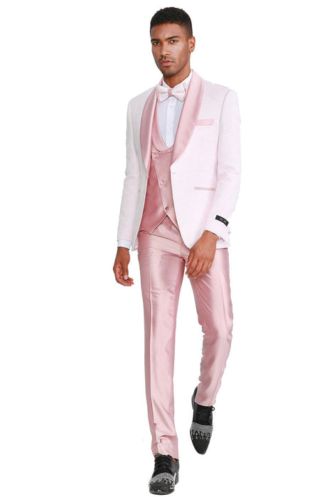 Graduation Suit - Men's One Button Vested Paisley Prom & Wedding Tuxedo with Satin Vest and Pants in Pink
