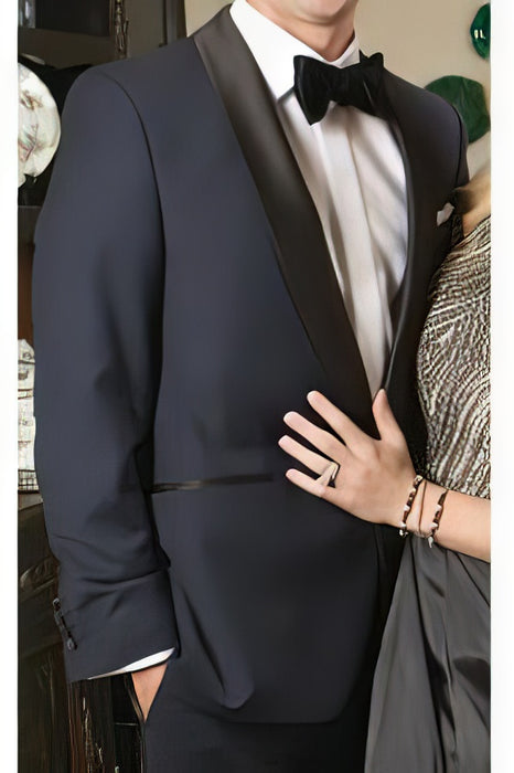 Men'S 1-Button Shawl Tuxedo Dark Navy Blue Midnight ~ Fabric Jacket & Pants Flat Front Pants