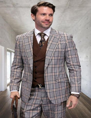 Tan Plaid Suit - Camel Khaki Color Windowpane Pattern Suits - Wool Suits - Double Breasted Vest Peak Lapel Side Vented Modern Fit