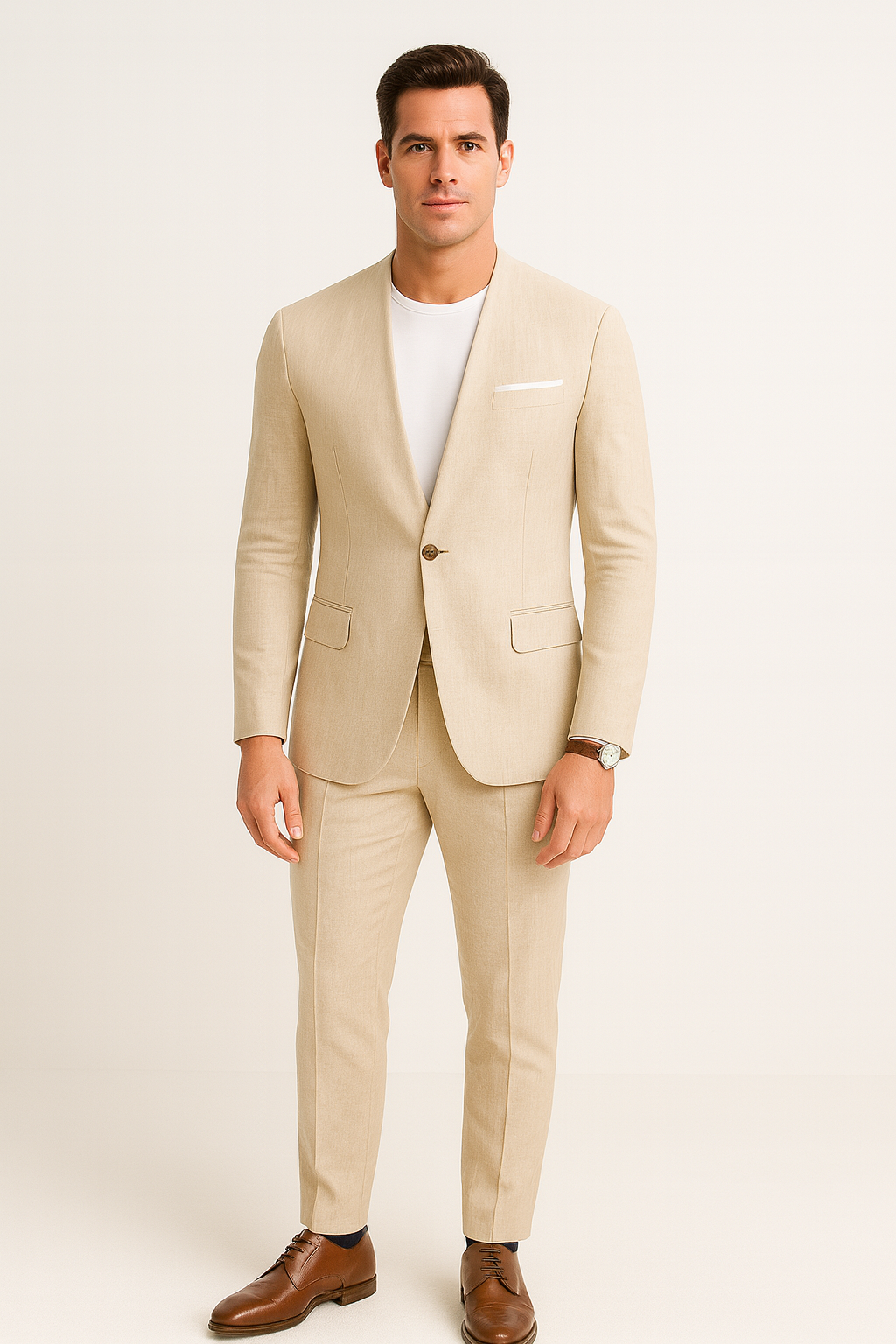 Tan Linen Suit For Summer - Collarless Blazer and Pants Collarless Lapel