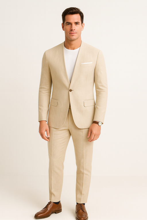 Tan Linen Suit For Summer - Collarless Blazer and Pants Collarless Lapel - No Lapel Casual!