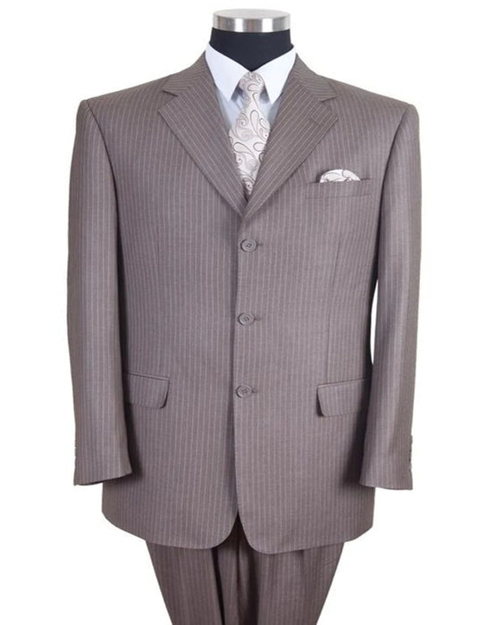 Three Button Suit - Classic Fit Pleated Pants - Mens Classic Fit 3 Button Banker Tan Pinstripe Suit