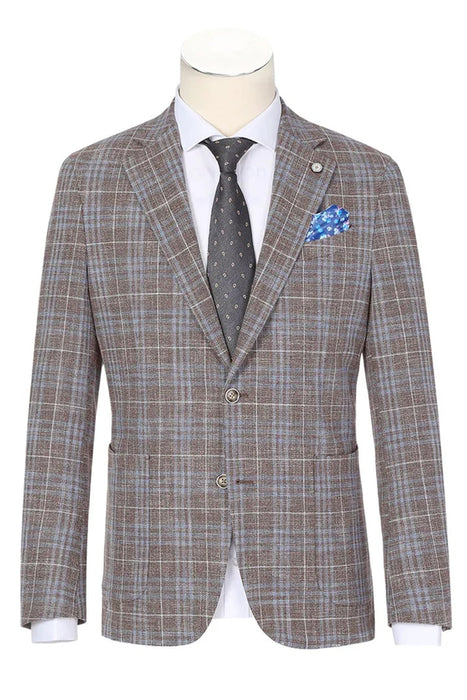 Saco vaquero - Western Sport Coat - Western Blazer - Mens Slim Fit Two Button Patch Pocket Cotton Blazer In Tan & Burgundy Windowpane Plaid