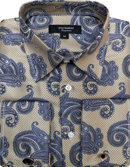 Mens Paisley Shirts - Club Fashion Dress Shirt Spread Collar in Color Tan