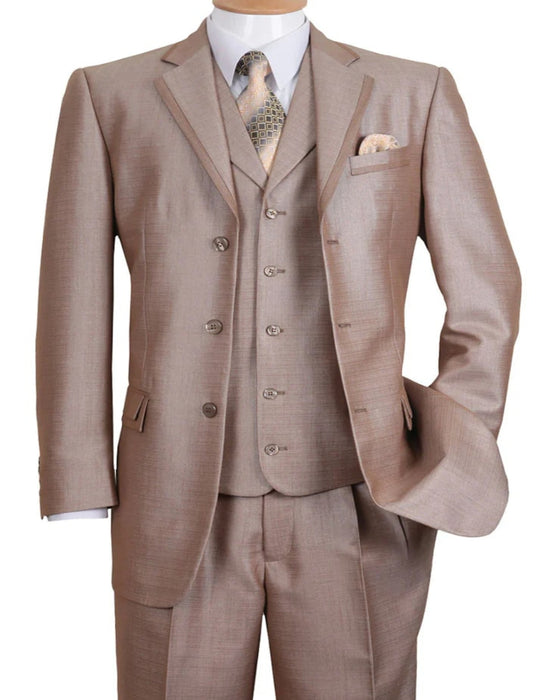 Three Button Suit - Classic Fit Pleated Pants - Mens 3 Button Vested Textured Shiny Sharkskin Tan Church Suit