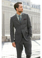 Men'S 3/Three Button Fitted Slim Fit Wool Suit Flat Front Pants Side Vented Available In Black Or Charcoal Or Dark Navy Blue