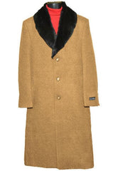 Men's Dress Coat (Removable ) Fur Collar Camel 3 Button Full Length Overcoat ~ Long Men's Dress Topcoat - Winter coat full length Fabric Also