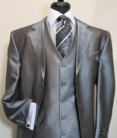 Men's Three Button Vested Suit Jacket With Flap Pocket Silver Grey