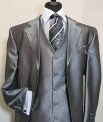 Men's Three Button Vested Suit Jacket With Flap Pocket Silver Grey