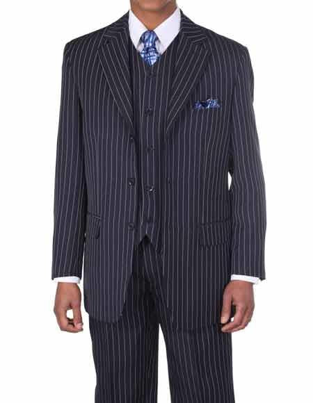 Men'S 1920'S 30'S Fashion Look Available In 2 Or Three ~ 3 Buttons Vested Dark Navy/White Pinstripe ~ Stripe With Vest Bold Chalk Stripe 3 Piece Suit