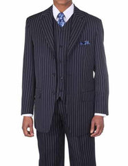 Men'S 1920'S 30'S Fashion Look Available In 2 Or Three ~ 3 Buttons Vested Dark Navy/White Pinstripe ~ Stripe With Vest Bold Chalk Stripe 3 Piece Suit