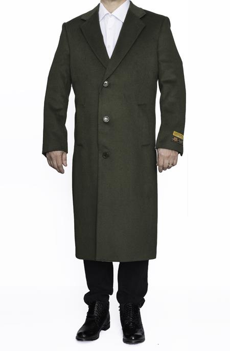 Mens Topcoat Mens Dress Coat Full Length Wool Dress Top Coat / Overcoat in Olive Green