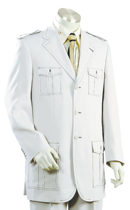 Men's 3 Button Fashion SAFARI Long Sleeve ( military style ) Suits For Men White