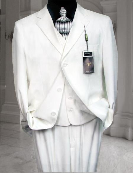 CLASSIC 3PC High Vested 3 BUTTON SOLID All White Suit For Men WITH Pleated PANTS EXTRA FINE
