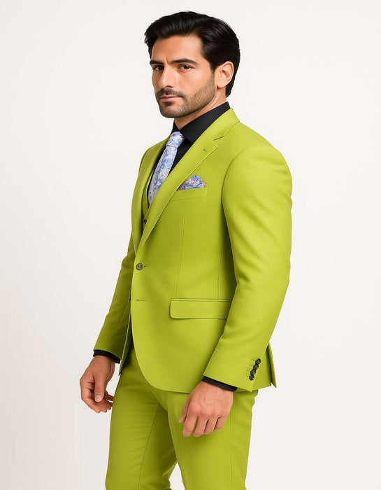 Men's Lime Green Three-Piece Suit with Floral Tie – Slim Fit Tuxedo for Weddings & Parties