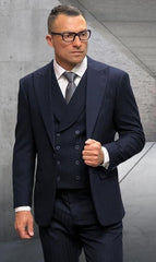 Tone on Tone Pinstripe - Shadow Stripe - Double Breasted Vest Suit - Wool Fabric Suit Black - 100% Percent Wool Fabric Suit - Worsted Wool Business Suit