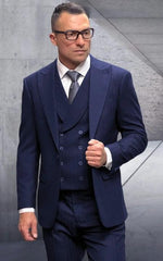 Tone on Tone Pinstripe - Shadow Stripe - Double Breasted Vest Suit - Wool Fabric Suit Navy - 100% Percent Wool Fabric Suit - Worsted Wool Business Suit