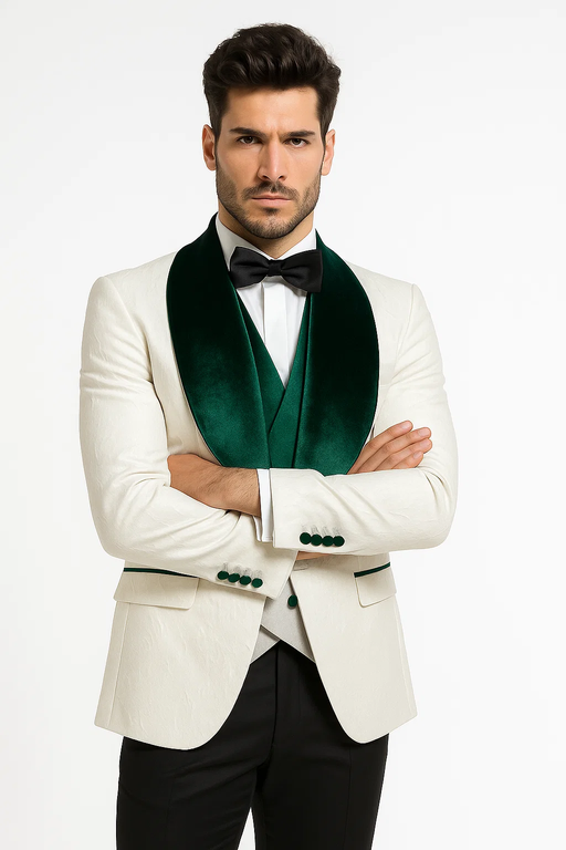 Mens Vested Designer Wide Velvet Wedding Tuxedo in Ivory and Hunter Green