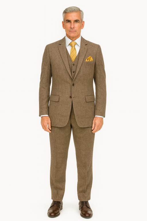 Tweed Herringbone ~ Cognac ~ Herringbone 2 Button Slim Fitted Tapered Vested Suit Ves