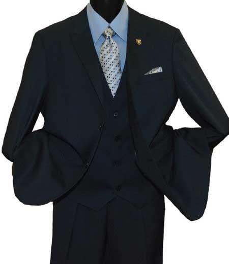 Mens Peak Lapel 2 Button Black Vested Suit