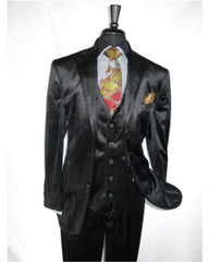 Men's Black 2 Button Velvet Fabric 3 Piece Vested Side Vent Suit with Pleated Pants