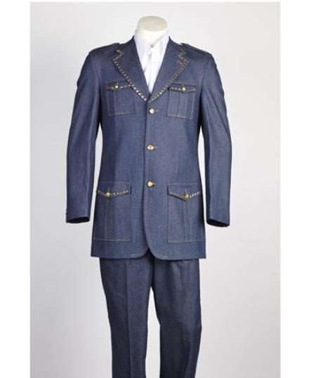 Men's diamond nail heads Two Piece 2 Button Safari Military Style Suit Blue