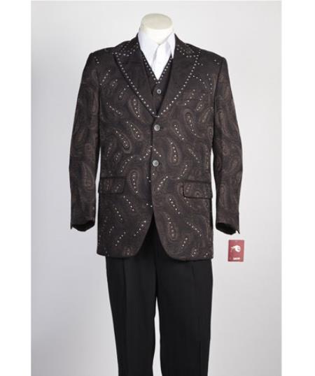 Men's Vested 2 Button Brown Paisley Blazer With Studded Trim, and black dress pants