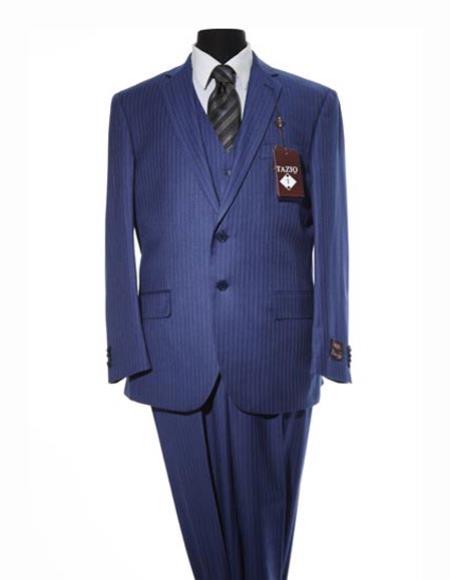 Men's Pinstripe Design 2 Button Dark Navy Blue Suit For Men With Matching Vest