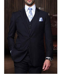 Statement Confidence Men's Dark Navy 3 Piece 2 Button Italian Designer Fine Brands Best Italian Style Cut Suits