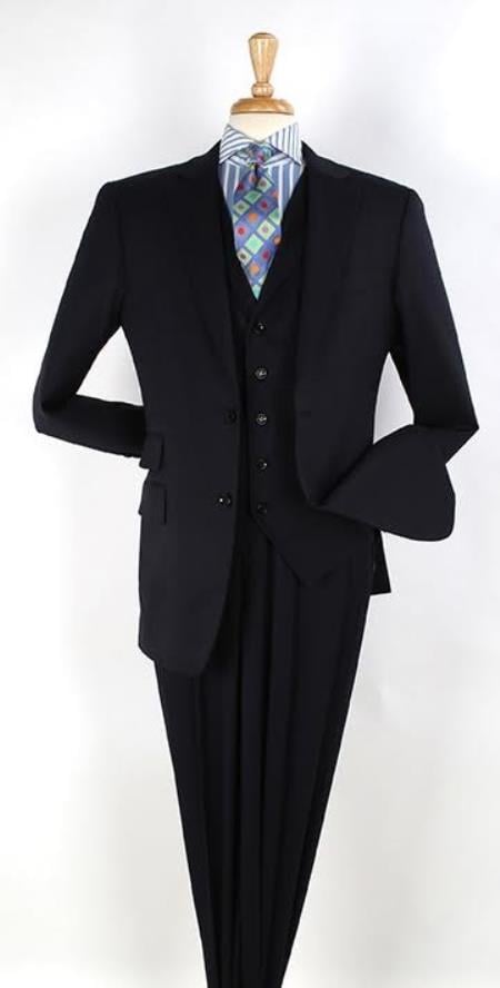 Men's Dark Navy 2 button Ticket Pocket Lapeled Vested 100% Wide Leg Pleated Pants - Dark Blue Suit Color - 100% Percent Wool Fabric Suit - Worsted Wool Business Suit