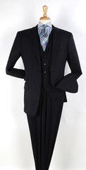 Men's Dark Navy 2 button Ticket Pocket Lapeled Vested 100% Wide Leg Pleated Pants - Dark Blue Suit Color - 100% Percent Wool Fabric Suit - Worsted Wool Business Suit