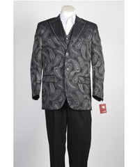 Men's Vested 2 Button Olive Green Paisley Blazer With Studded Trim, and black dress pants