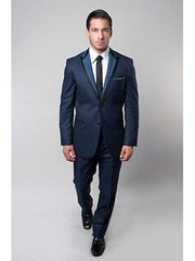 Men's Slim Fit 2 Button Royal Blue Satin Trim Peak Side Vent Dress Suits for Men