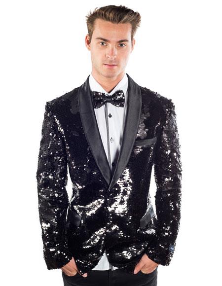 Sequin Blazer Mens Black Regular Fit Sequined 2 Buttons Shawl Lapel Blazer Matching Bow Tie
