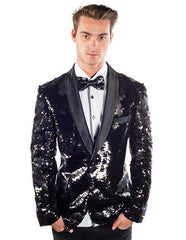 Sequin Blazer Mens Black Regular Fit Sequined 2 Buttons Shawl Lapel Blazer Matching Bow Tie