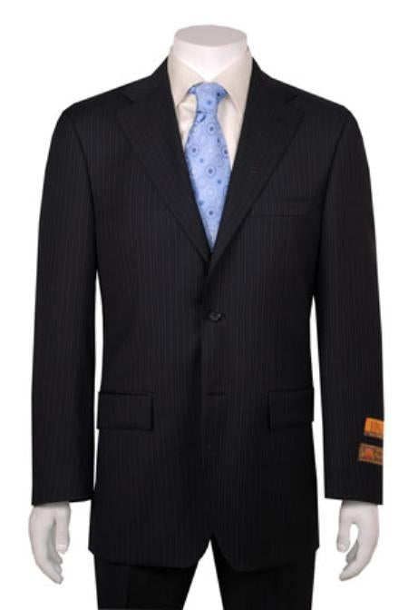 Black Stripe ~ Pinstripe 2 Button Vented Poly~Rayon Cheap Priced Discounted Business ~ Wedding 2 Piece Side Vented Modern Fit Suits 2 Piece Cheap Business Suits Clearance Sale For Men Without Pleat Flat Front Pants