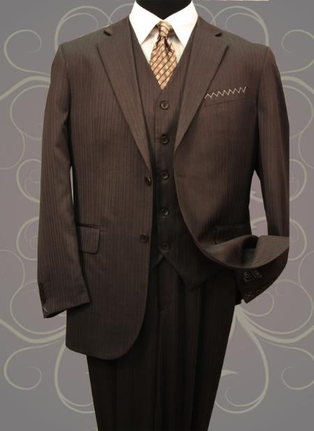 Classic Vested 3 Pieces 2 Button Dark Brown Stripe ~ Pinstripe Men's Suit Discounted Sale