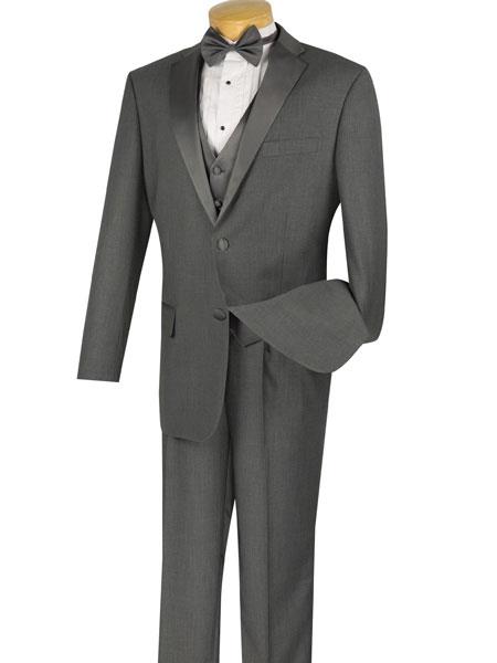 Men's Charcoal Grey ~ Gray Tuxedo 2 Buttons Vested 3 Pieces Sateen Suit