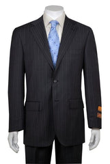 Gray And Shadow Stripe ~ Pinstripe 2 Button Vented Without Pleat Flat Front Pant Business ~ Wedding 2 Piece Side Vented Modern Fit Suits 2 Piece Suits For Men - 100% Percent Wool Fabric Suit - Worsted Wool Business Suit