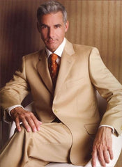 Khaki~Bronze ~ Camel 2 Button Side Vents With Flat Front Pants Business ~ Wedding 2 Piece Side Vented Modern Fit Suits 2 Piece Suits For Men Super 150 Poly-Rayon Developed By NASA)