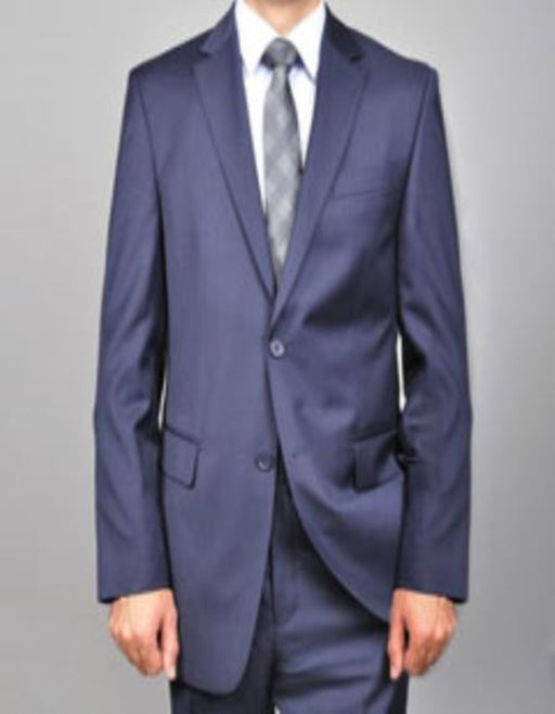 Men's Solid Navy Blue Suit - 100% Percent Wool Fabric Suit - Worsted Wool Business Suit