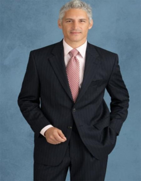 Mantoni Suit - Signature Menswear Wool Fabric SuitsOutlet - Brand Side Vented Two Button Style Notch Lapel Navy Blue Stripe ~ Pinstripe 3 Button Style Classic Suit - 100% Percent Wool Fabric Suit - Worsted Wool Business Suit