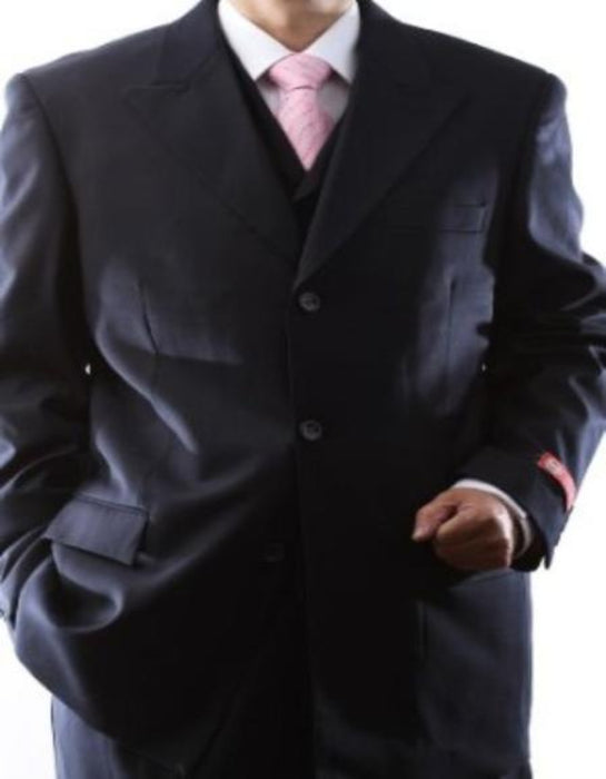 Men's Superior 150s Extra Fine Dark Navy 3 pcs Vested Dress Suits with Peak Lapel - Dark Blue Suit Color