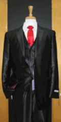 2 Button 3 Piece Shiny Black Silk Blend Flat Front Men'S Sharkskin Suit