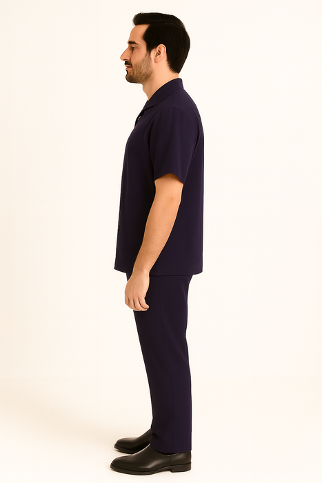 Mens 100% Mens Linen Suit - Fabric–Dark Navy ~ Mens Walking Casual Two Piece Summer Short Sleeve Shirt & Pants Sets ~ Two Piece Mens Walking Outfit For Sale Pant Sets