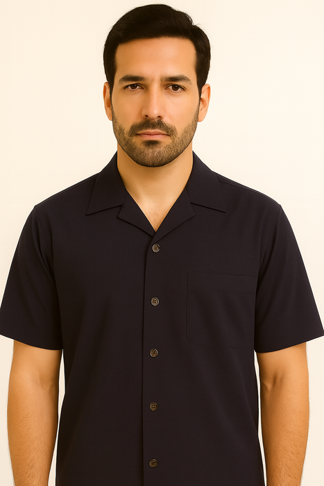 Mens 100% Mens Linen Suit - Fabric–Dark Navy ~ Mens Walking Casual Two Piece Summer Short Sleeve Shirt & Pants Sets ~ Two Piece Mens Walking Outfit For Sale Pant Sets