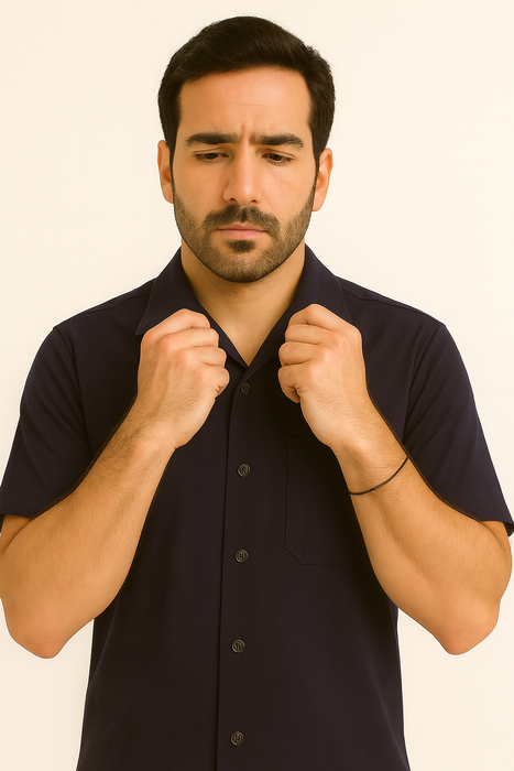 Mens 100% Mens Linen Suit - Fabric–Dark Navy ~ Mens Walking Casual Two Piece Summer Short Sleeve Shirt & Pants Sets ~ Two Piece Mens Walking Outfit For Sale Pant Sets